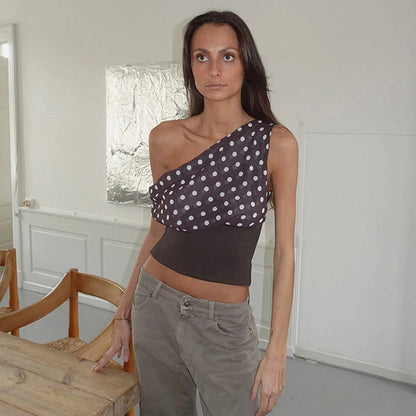 Polka Dots Print Oblique Shoulder Tops Summer Patchwork Chiffon Crop Top Women Sexy Sleeveless Lace Up Backless Blouse Casual Streetwear Tee