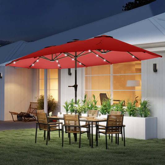 13ft Double-Sided Market Umbrella, Large Patio Umbrella with Solar Lights, Crank Handle for Garden, Pool, Yard, Wine Red