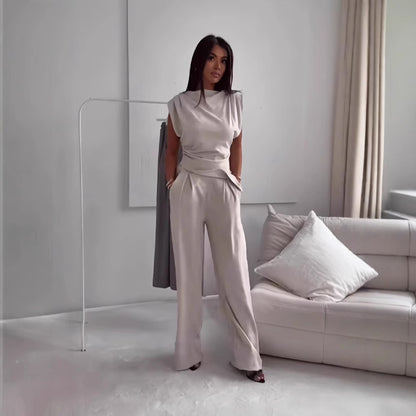 Women's Sleeveless Suit Fashion Slim Irregular Split Top And Straight Pants Solid Trouser Set