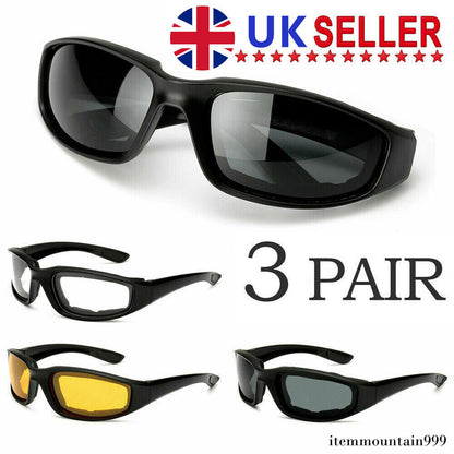 3 Pair Motorcycle Sports Padded Biker Riding Glasses Wind Resistant Sunglasses