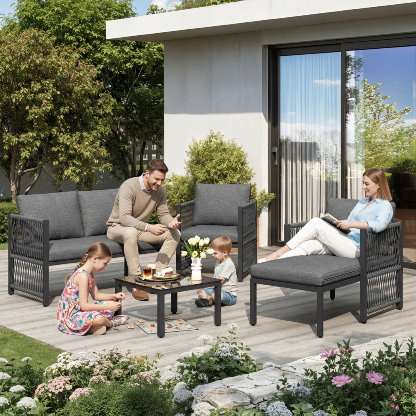 Garden Set With Tempered Glass Coffee Table, Convertible 4-5 Seater Polyester Rope Patio Set With Lounge Sofa And Armchairs, Weatherproof Outdoor Patio Corner Sofas For Balcony And Terrace, Grey