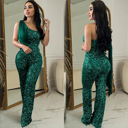 Women's Solid Color Sleeveless One-shoulder Sequined Trousers Jumpsuit