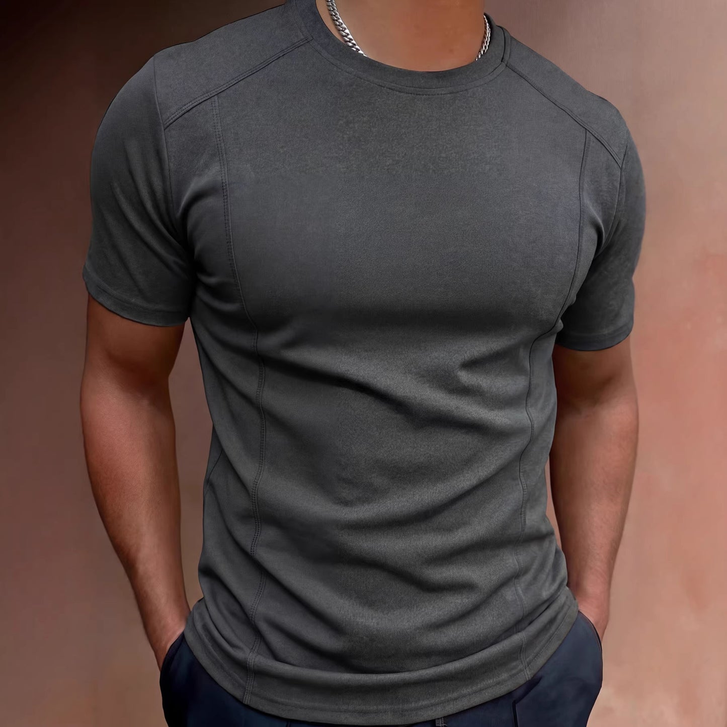 Solid-color Patchwork Sleeve Cuffs Short-sleeve Men's T-shirt Top