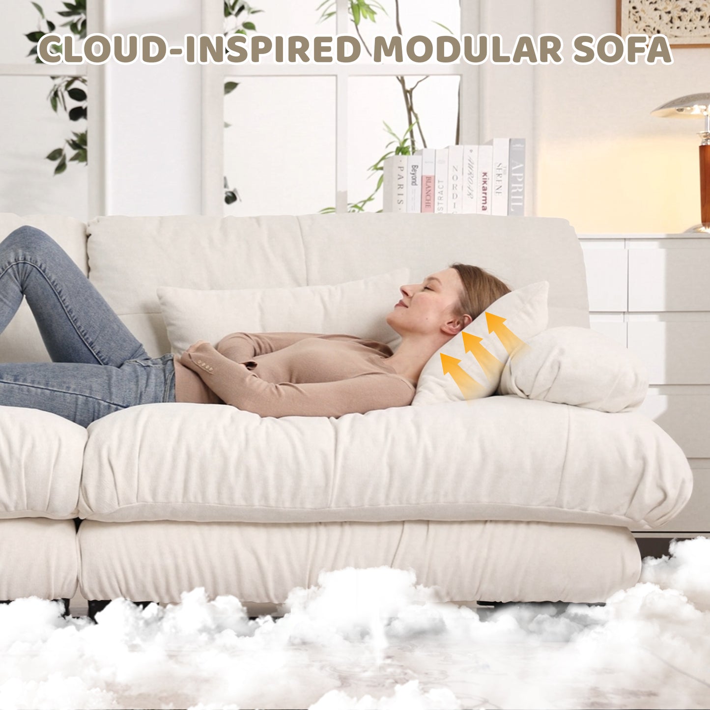 Cloud Couch Sectional Sofa For Living Room, Chenille 2 Seater Sofa With 2 Lumbar Pillows And 2 Throw Pillows , Upholstered Wide Arm Sofa With Convertible Ottoman,Chenille White