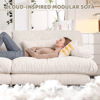 Cloud Couch Sectional Sofa For Living Room, Chenille 2 Seater Sofa With 2 Lumbar Pillows And 2 Throw Pillows , Upholstered Wide Arm Sofa With Convertible Ottoman,Chenille White