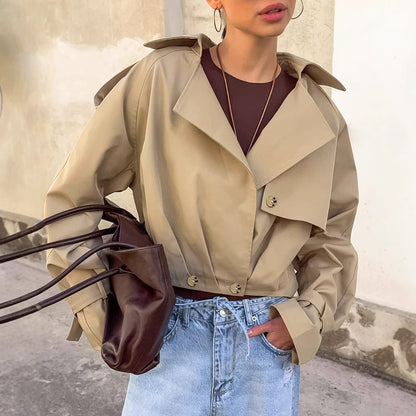 Women's Khaki Double Breasted Blazer Collar Coat