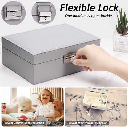 2 Layer Grey Jewellery Box Organizer Rings Necklaces Jewellry Storage Case Box