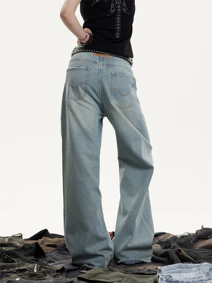 American Retro Washed Worn Jeans Women's Loose Straight