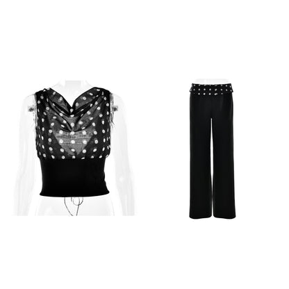 Polka Dots Print Oblique Shoulder Tops Summer Patchwork Chiffon Crop Top Women Sexy Sleeveless Lace Up Backless Blouse Casual Streetwear Tee