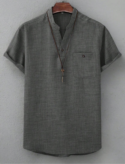 Mens Casual Short-sleeve Solid-color Shirt With A Turn-down Collar
