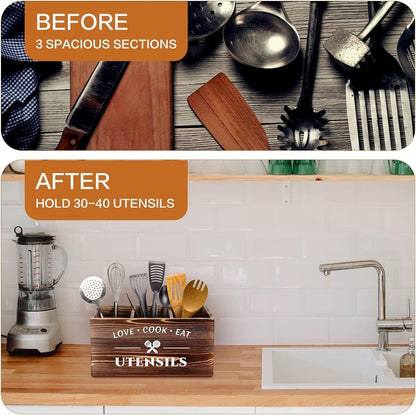 1pc Flatware Organizer, Rustic Wooden 3-grid Utensil Caddy, Wall-mounted Flatwar