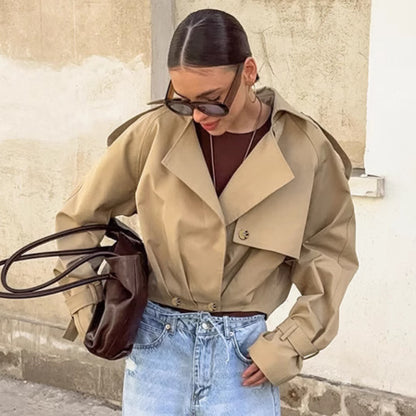 Women's Khaki Double Breasted Blazer Collar Coat