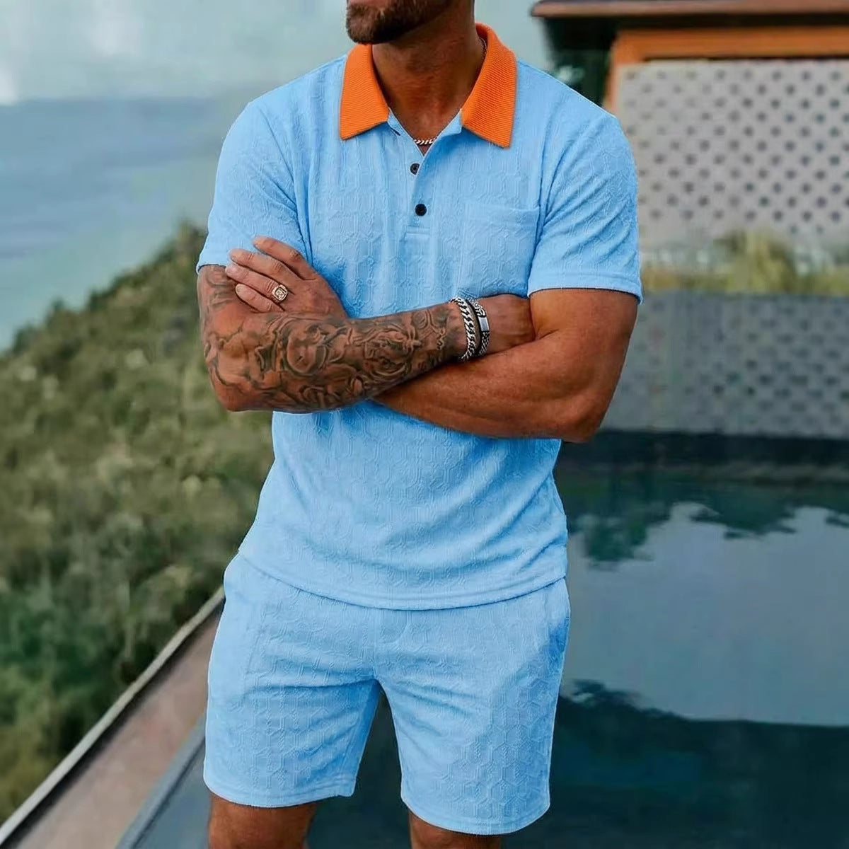 Mens Fashionable Breathable Color-Block Pocket Short-Sleeve Set
