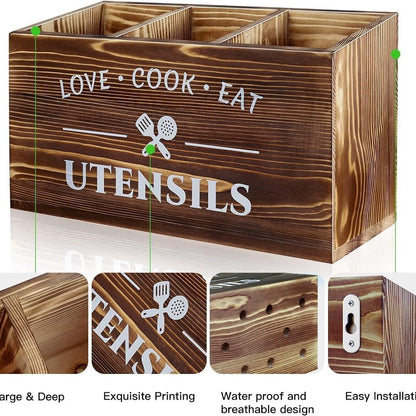 1pc Flatware Organizer, Rustic Wooden 3-grid Utensil Caddy, Wall-mounted Flatwar