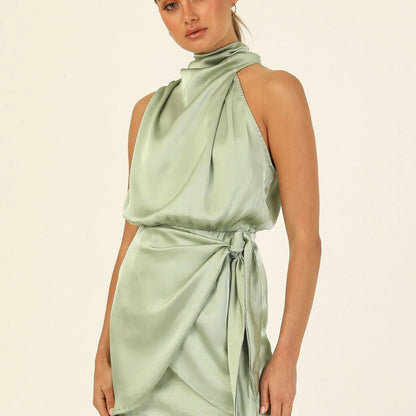 Elegant Halter Neck Dress Fashion Sleeveless Waist-tied Short Dresses For Evening Party Clothing Women