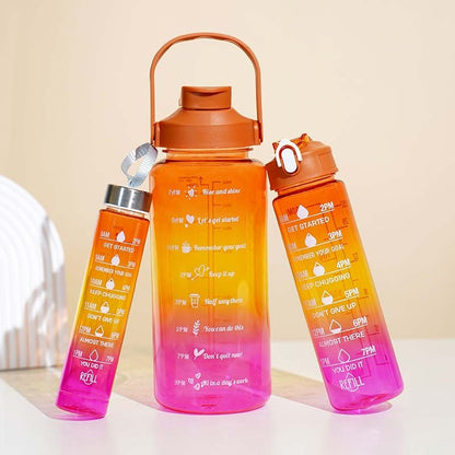 3-in-1 Gradient Color Motivational Water Bottles Set Plastic Straw Double Drink Translucent Outdoor Sports Bottle