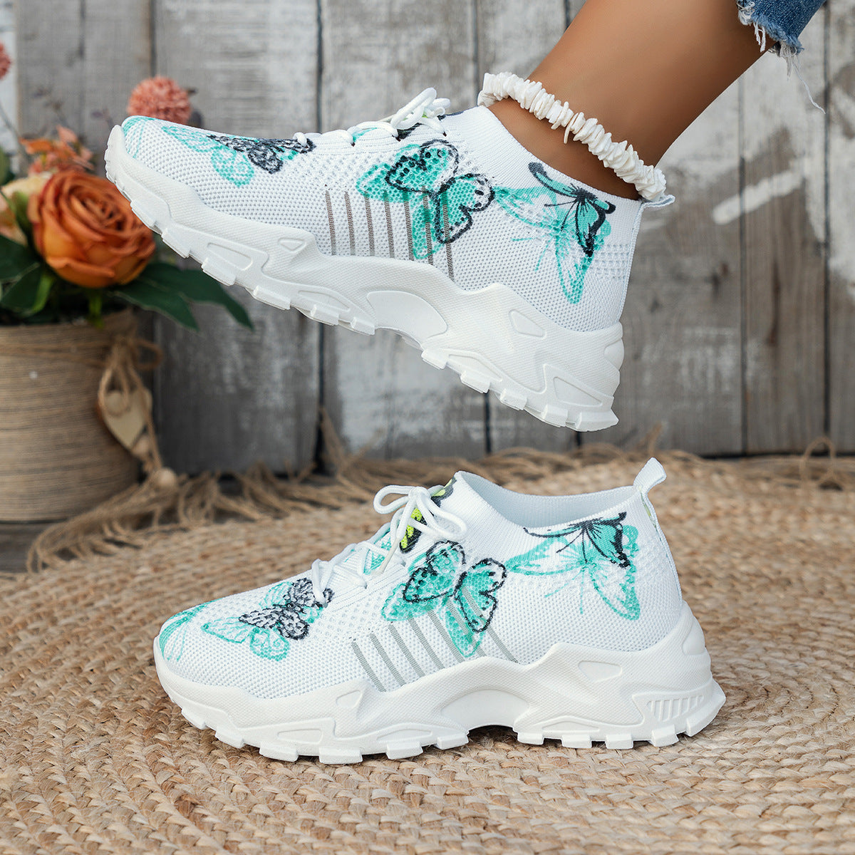 Butterfly Print Mesh Sneakers Women's Flat Heel Casual Shoes Fashion Running Jogging Walking Sports Shoes