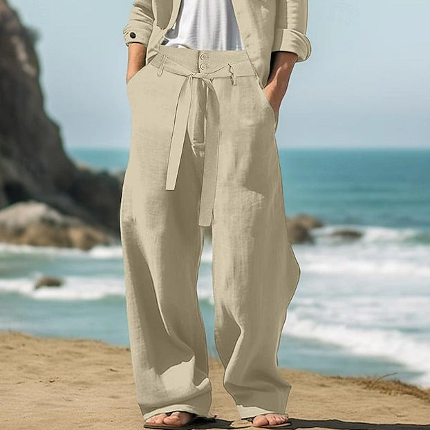 Men's Linen Belt Elastic Waist Straight Pure Color Comfort Breathable Outdoor Pants
