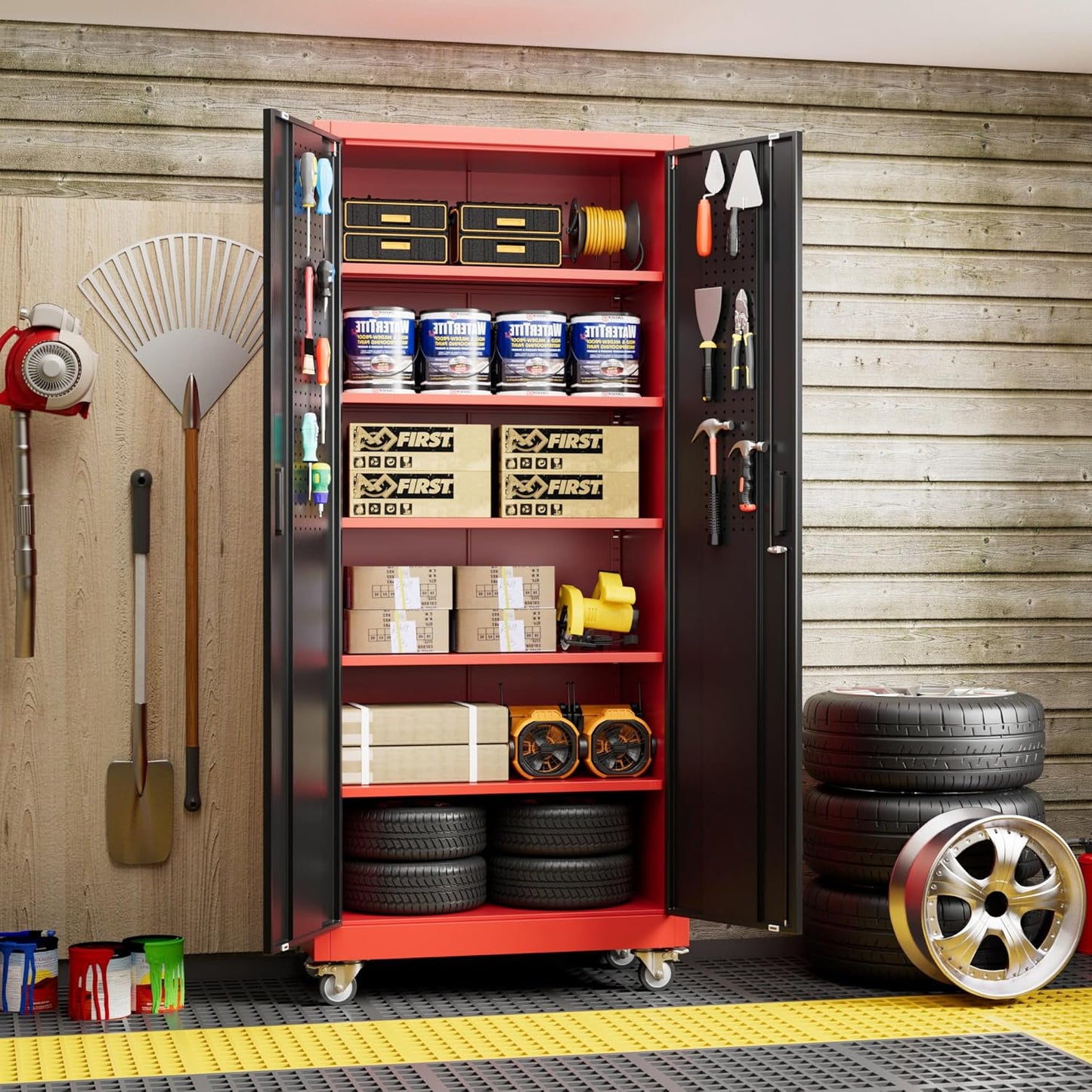 Garage Storage Cabinet With Pegboard And 5 Adjustable Shelves, Metal Lockable Cabinet With Magnetic Doors,Tool Storage,Home Office Garage,Gym,School Black-red