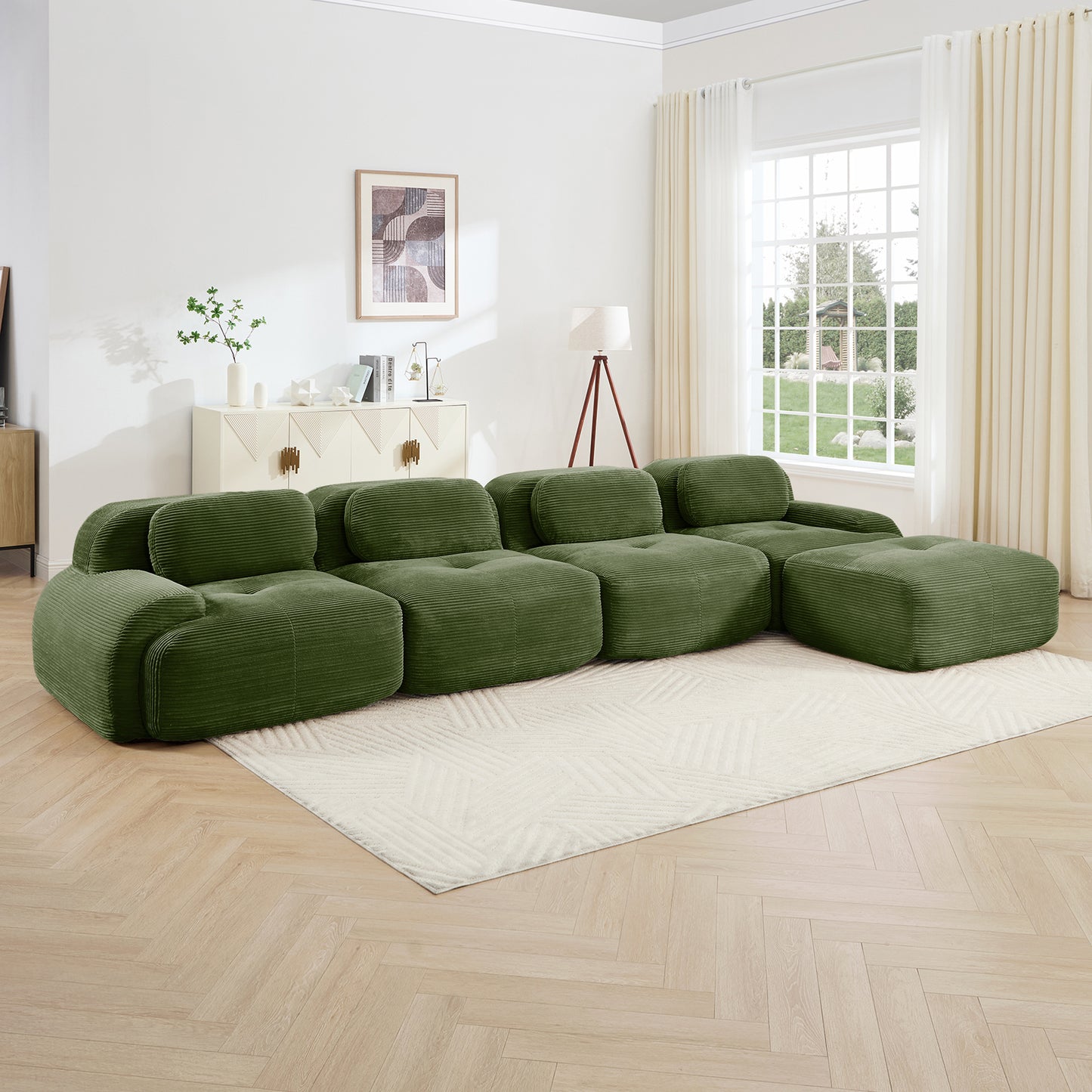 4-seat L-shaped Sofa 32D High-resilience Sponge Anti-slip Design Chaise Design Extra-wide Curved Armrests Multi-free Combination No Assembly For Studies Living Rooms Media Rooms,Olive Green