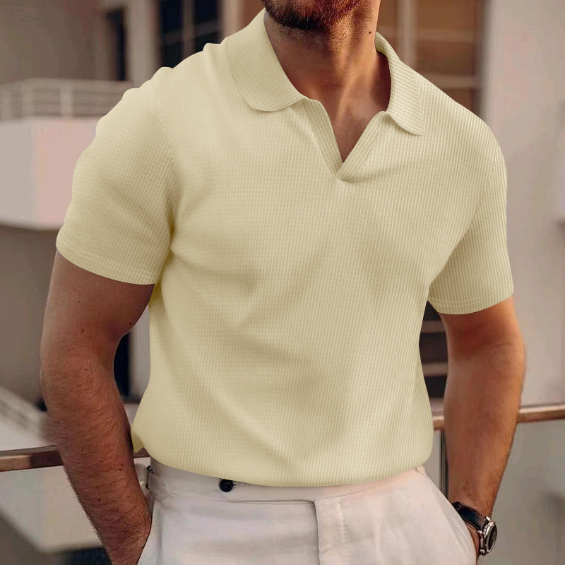 INS Waffle Lapel Short-sleeved T-shirt Summer Fashion Solid Color V-neck Polo Shirt Tops Men's Clothing