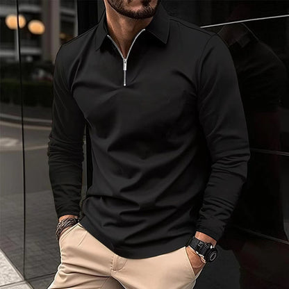 Zipper Men's Solid Color Long Sleeve Sports Polo Shirt