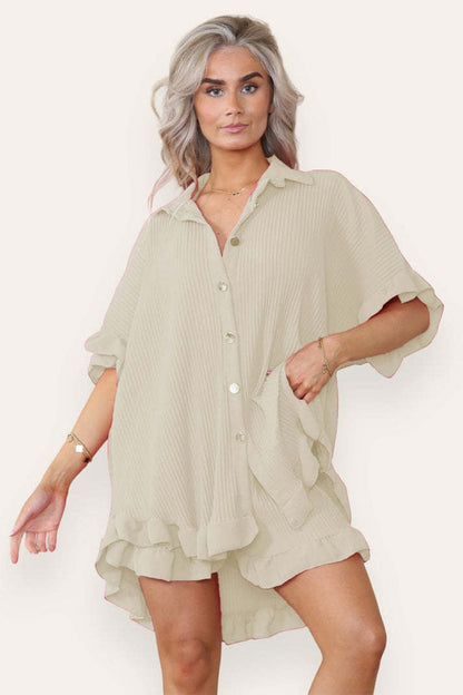 Women Casual Oversized Gold Button Pleated Frilled Ruffle Short Sleeves Shirt Top And Short Co Ord Set