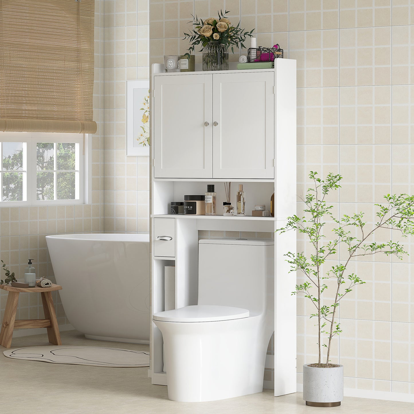 Modern Over The Toilet Storage Cabinet With 2 Doors, Above Commode Storage Cabinet With Toilet Paper Holder, White