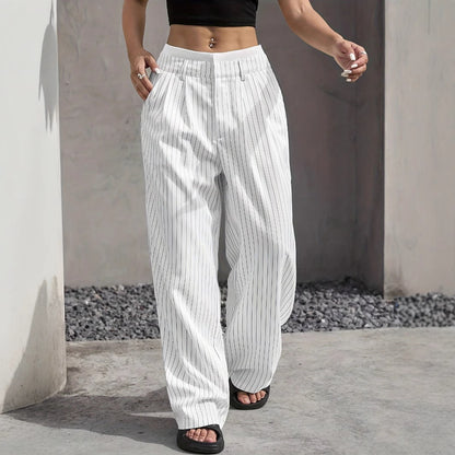 Stripe Printed Trousers Fashion High Waist Straight Leg Pants With Pocket Zipper Casual Suit Pants For Women