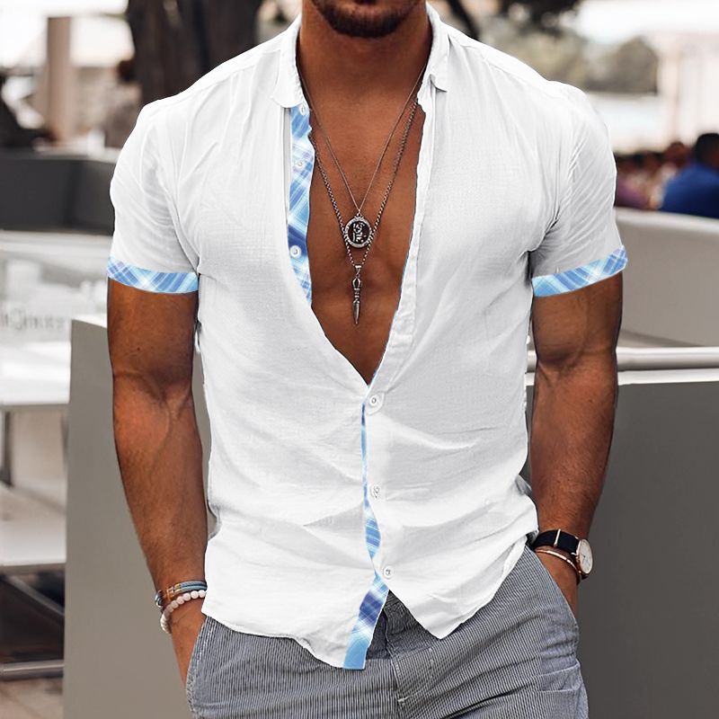 Printed Hawaiian Style Simple Striped Lapel Mens Shirt