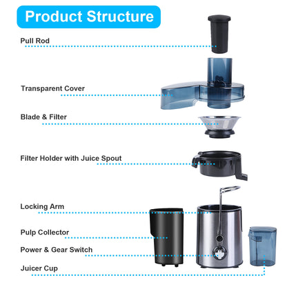 1Pc Centrifugal Juicer Juice Extractor With 2 Speeds 2.6in Wide Feed Chute 17Oz Juicer Cup 54Oz Pulp Collector Electric Juicer For Fruits Vegetables