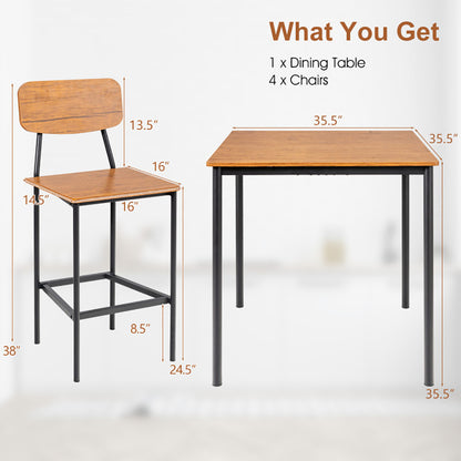5 Pieces Industrial Dining Table Set With Counter Height Table And 4 Bar Stools