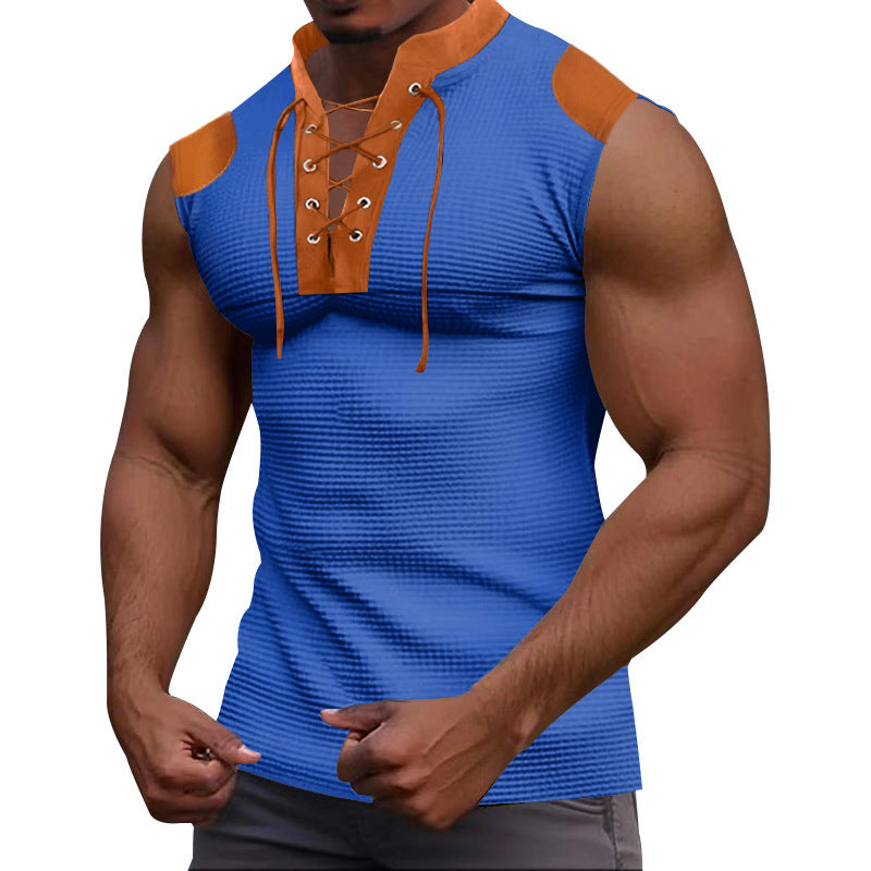Casual Multicolor Lace-up V-neck Sleeveless T-shirt