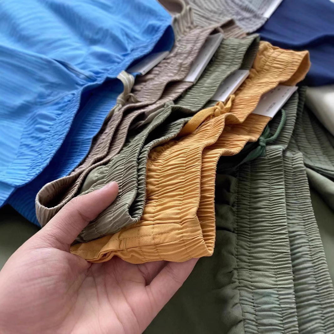 Quick-drying Pure Cotton Elastic Waist Cropped Pants Mens Solid Color Casual Shorts