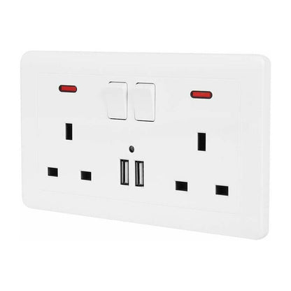 Double Wall Plug Socket 2 Gang 13A W 2 Charger USB Outlets Flat  UK