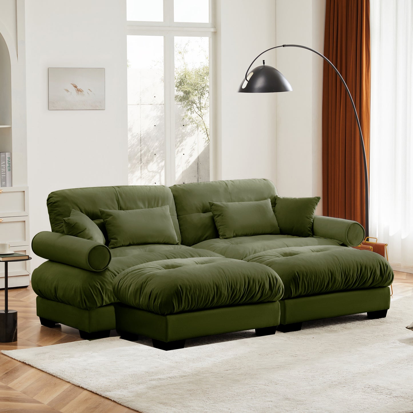 Over Size Modern Two-seater Sofa With Ottoman, Velvet 2-Seater With Round Bolster Armrests,With Waist Pillow And Throw Pillows, Reading Room  Olive Green