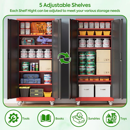 Garage Storage Cabinet With Pegboard And 5 Adjustable Shelves, Metal Lockable Cabinet With Magnetic Doors,Tool Storage,Home Office Garage,Gym,School Black-red