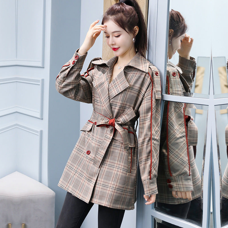 Mid-length Plaid Patch Acrylic Korean Windbreaker