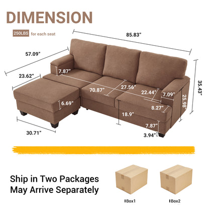 86'' L Shaped Couch With Armrest Organizer,3 Seats Sofas With Movable Ottoman,Comfy Sectional Sofa With Thick Cushion,Linen Sectional Couches For Living Room,Bedroom,Apartment,Brown