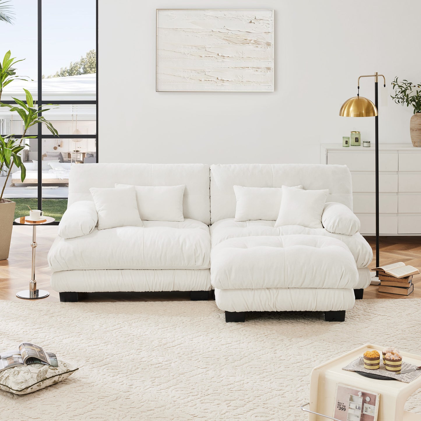 Cloud Couch Sectional Sofa For Living Room, Chenille 2 Seater Sofa With 2 Lumbar Pillows And 2 Throw Pillows , Upholstered Wide Arm Sofa With Convertible Ottoman,Chenille White