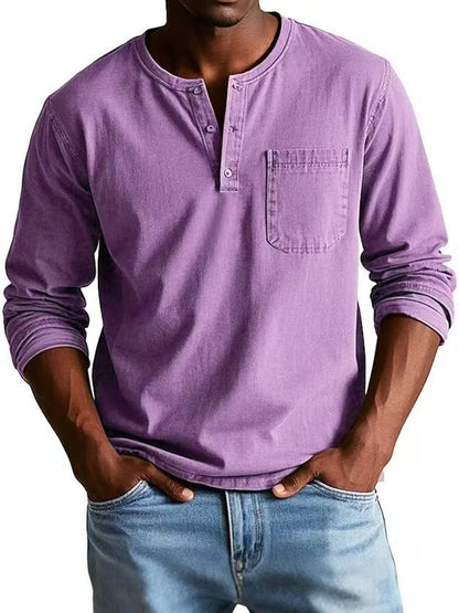 V-neck Long-sleeved T-shirt With Button Design Fashion Casual Solid Color Pullover Top Men's Clothing