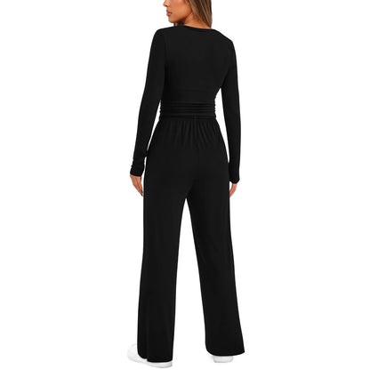 2 Pieces Women's Suit Autumn Winte Long Sleeve Tops High Waisted Wide Leg Pants Sportswear Female Clothes Solid Color Casual Suit
