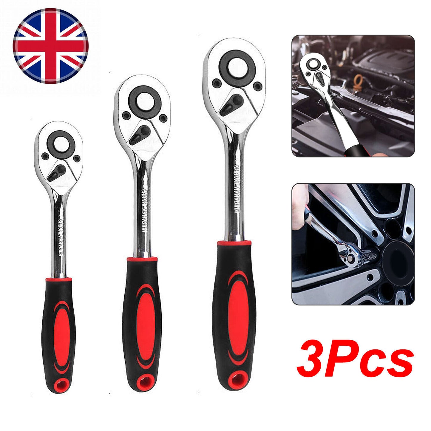 3 Piece 1 2  3  8  & 1  4  Ratchet Set Drive Heavy Duty Ratchet Socket UK