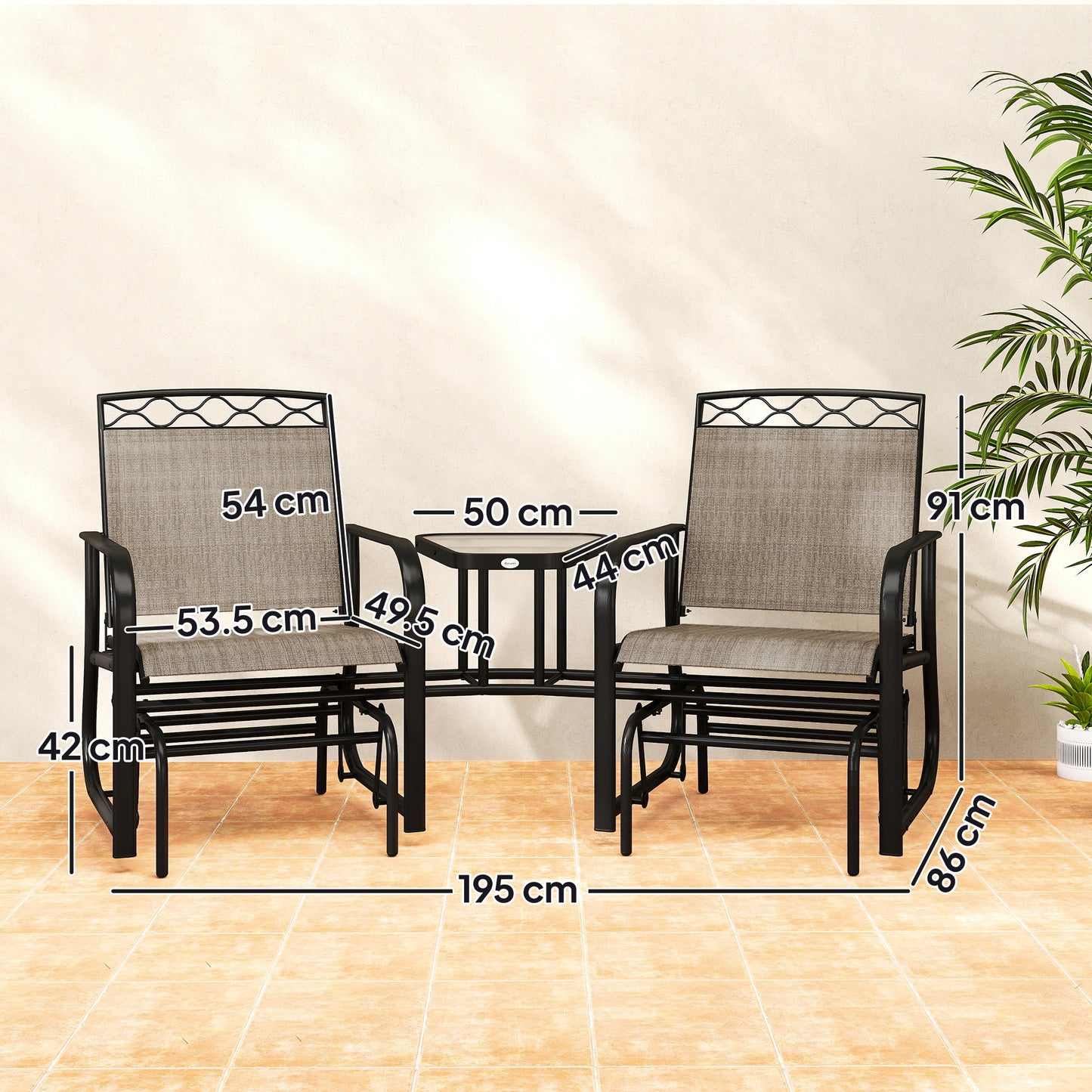 Double Outdoor Glider Chair, 2 Seater Patio Rocking Chairs, Swing Bench With Tempered Glass Table, Breathable Mesh Fabric For Backyard, Garden, Porch, Brown