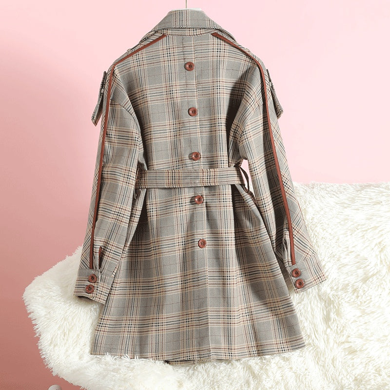Mid-length Plaid Patch Acrylic Korean Windbreaker