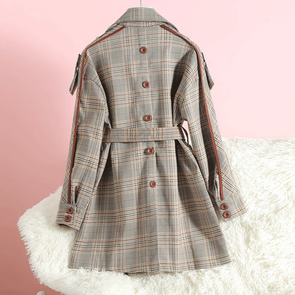 Mid-length Plaid Patch Acrylic Korean Windbreaker