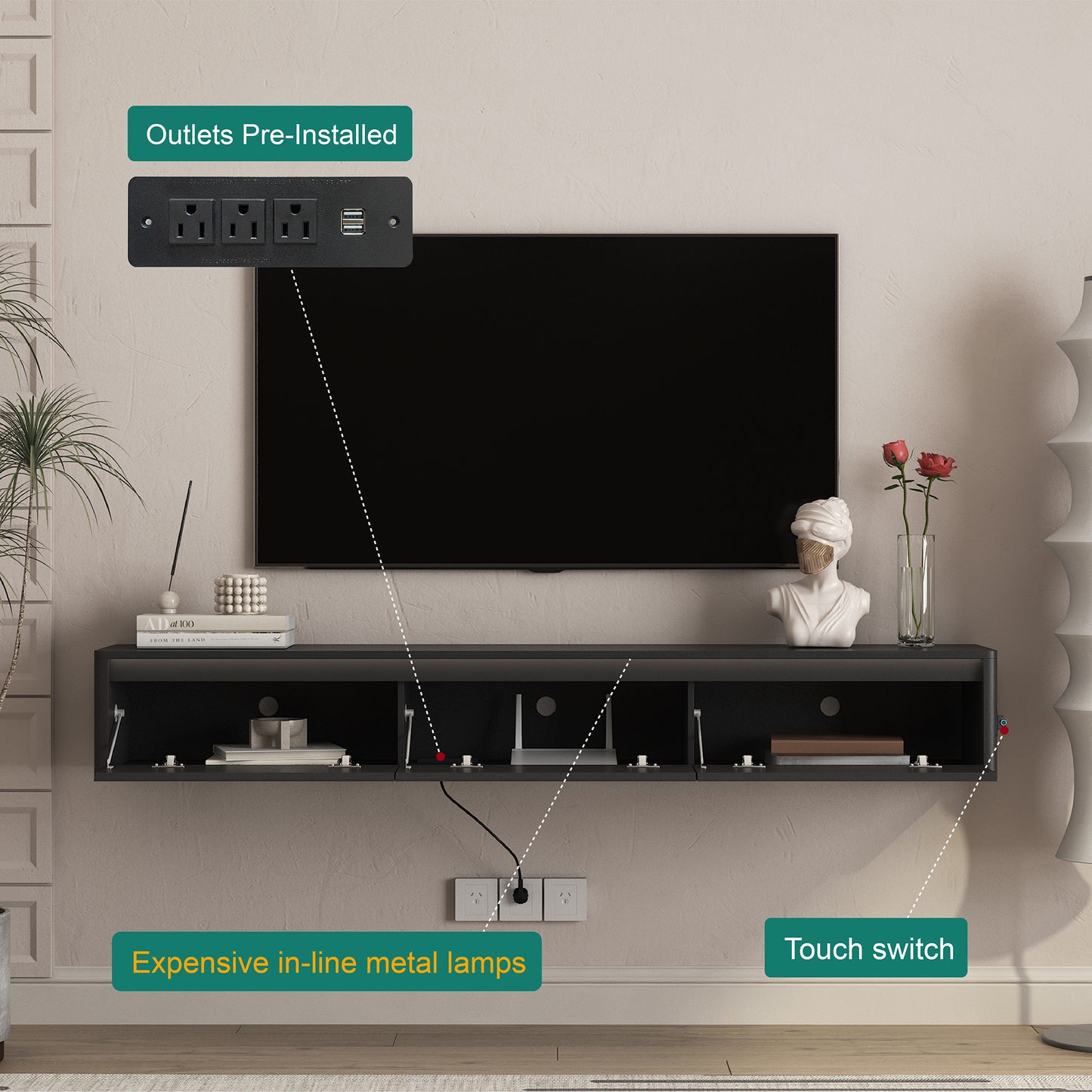 Floating TV Stand, Wall Mounted TV Shelf With Led Lights & Power Outlet,High Gloss TV Cabinet For Black Tv Stands For Living Room