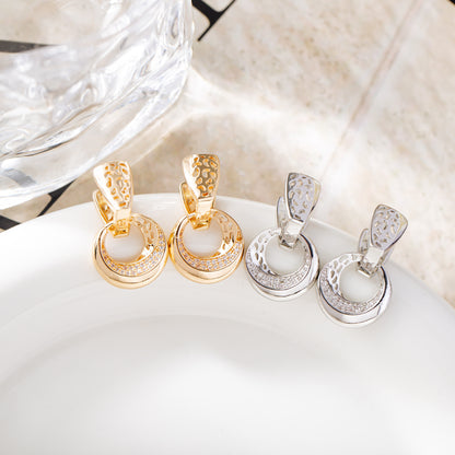 Luxury Hollow Round Moon Rose Gold Silver Color Drop Earrings For Women Micro-wax Inlay Natural Zircon Flower Bridal Wedding Daily Jewelry For Women