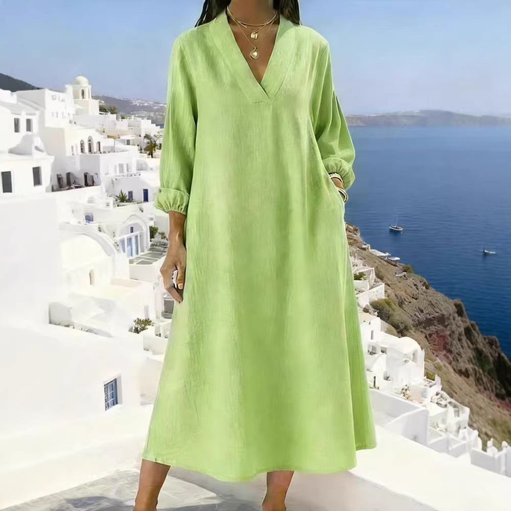 Womens Casual Straight-cut Long-sleeve V-neck Dress Available In Multiple Colors