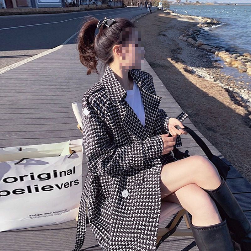 Black And White Houndstooth Trench Coat Women's Long Below The Knee Waist-controlled Lace-up Overcoat